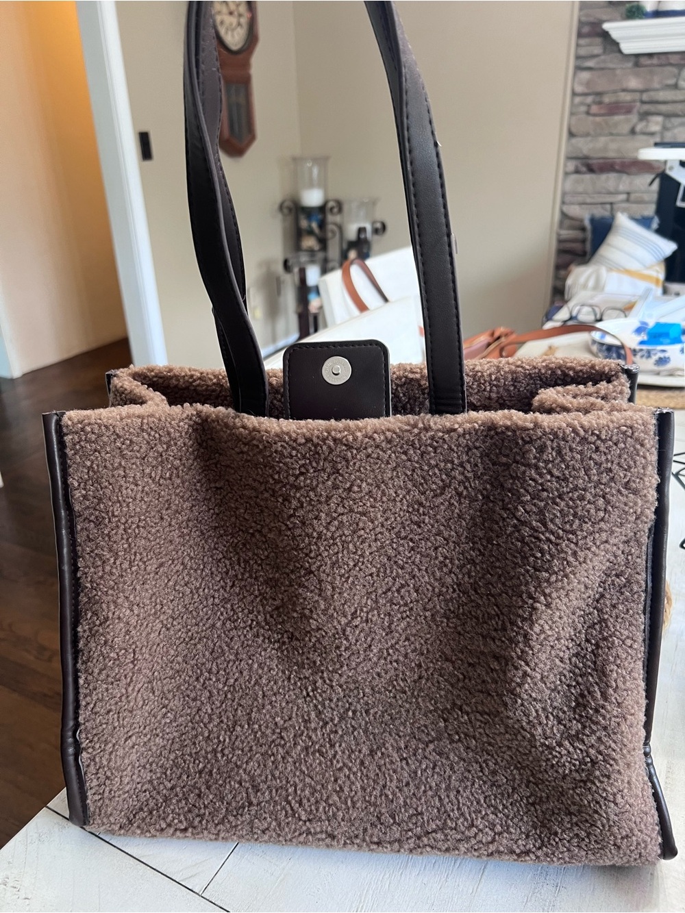 Cozy Brown Sherpa Tote Bag with Dark Trim